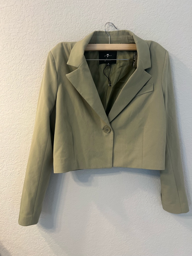 7 For All Mankind Cropped Blazer Olive Green One Button Fitted Size M